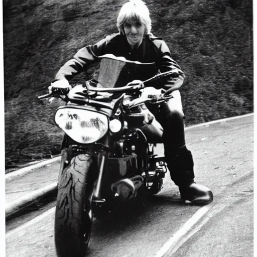 Prompt: allan holdsworth riding a motorcycle, magazine photo