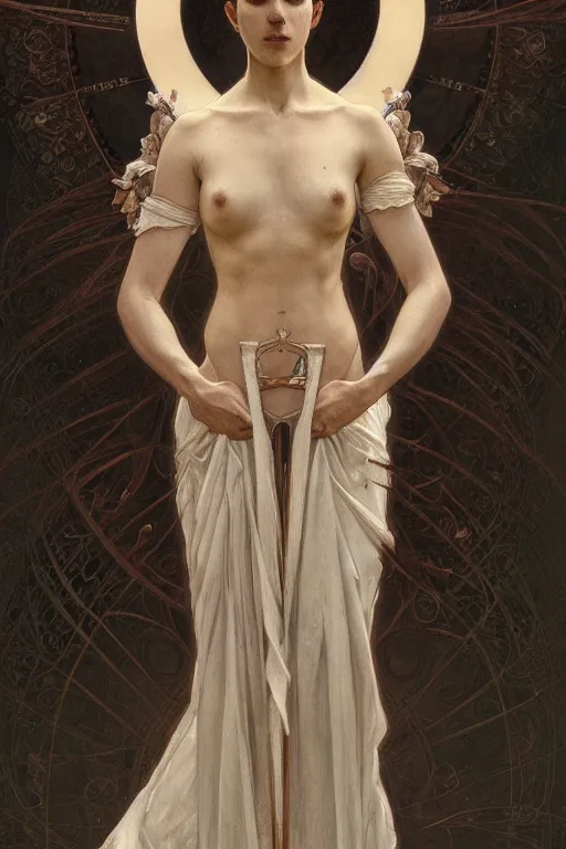 Image similar to a full body portrait of a beautiful ethereal delicate roman catholic bishopress meditative sacral pose catholic stages of the cross, intricate, elegant, highly detailed, digital painting, artstation, concept art, smooth, sharp focus, illustration, art by krenz cushart and artem demura and alphonse mucha