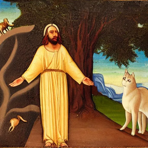 Image similar to jesus comes down to earth to slap a cat off of a tall tree, religious painting, oil painting