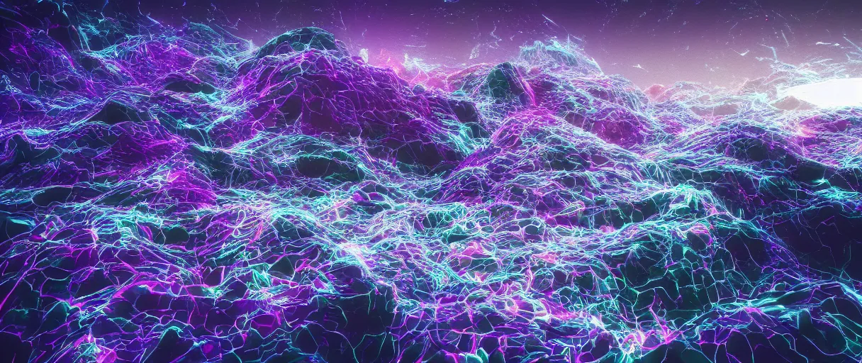 Image similar to landscape, houdini software simulation, glitch art, particle flow, volumetric object, physical particles, cinematic lighting, by ash thorpe