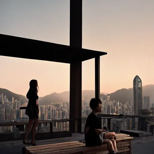 Image similar to a small rooftop with a couple of people sitting and watching the view, wearing black modern clothes, designed by rick owens, messy short hair, modern hong kong is on the background, sunset, pale colors, by gregory crewdson