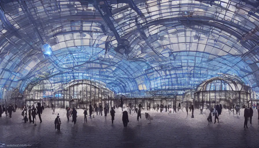 Prompt: glass train station in liege with blue lights, glass dome on the top, crowded square, trains, hyperdetailed, artstation, cgsociety, 8 k