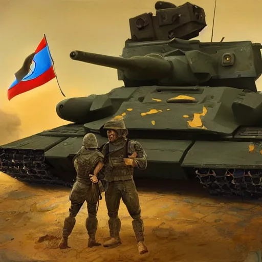 Image similar to a full body shot from distance of a great soldier with a yellow and blue flag standing in front of a Russian tank in triumph after battle, western, masculine figure, D&D, fantasy, intricate, elegant, highly detailed, digital painting, artstation, concept art, matte, sharp focus, symmetrical, illustration, art by Artgerm and Greg Rutkowski and Alphonse Mucha