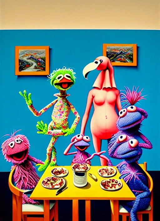 Image similar to hyper detailed painting of an muppet family in japanese clothes in an old italian restaurant eating flamingo pizza and drinking blue wine by Bel Fullana, Rhys Lee, Storm Thorgerson, and Danny Fox, neo expressionism art, semi naive, rich deep colors. Allison Schulnik painting, part by Adrian Ghenie and Gottfried Helnwein. art by Ron Mueck. masterpiece