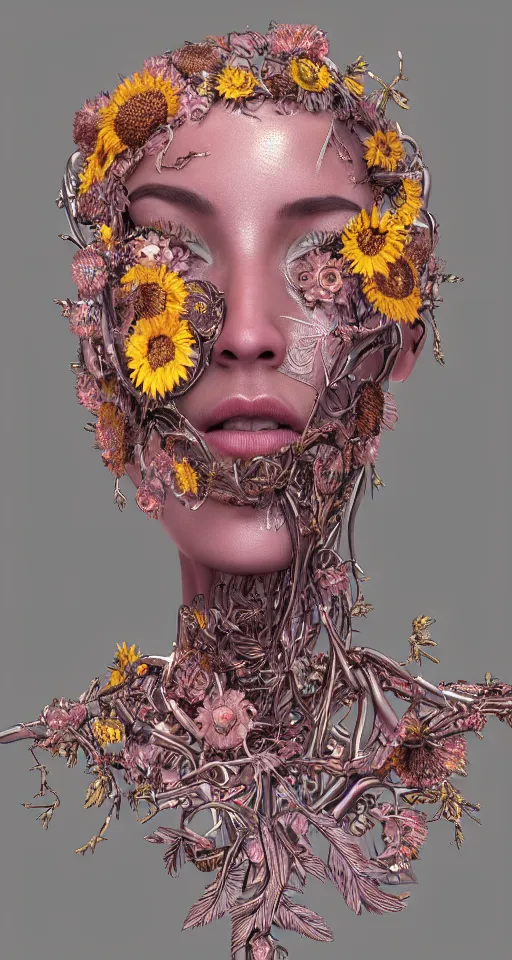 Prompt: cinema 4d metallic render, organic, ultra detailed, of a painted realistic face with growing sunflowers, scratched. biomechanical cyborg, analog, macro lens, beautiful natural soft rim light, smoke, veins, neon, winged insects and stems, roots, fine foliage lace, pink and pink details, art nouveau fashion embroidered, intricate details, mesh wire, computer components, anatomical, facial muscles, cable wires, elegant, hyper realistic, ultra detailed, 8k post-production