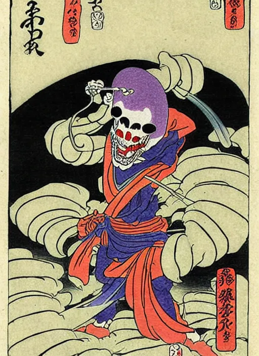 Prompt: skeletor as a yokai illustrated by kawanabe kyosai and toriyama sekien