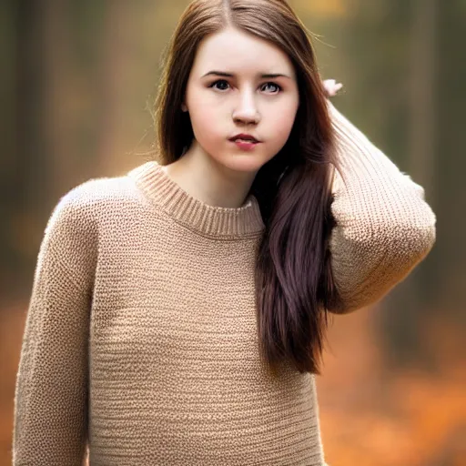 Image similar to real life photo of a beautiful girl, full body photoshoot, long brown hair, brown eyes, full round face, short smile, belly free, brown sweater, forest setting, cinematic lightning, medium shot, mid - shot, highly detailed, trending on artstation, unreal engine 4 k, 8 0 mm, 8 5 mm, cinematic wallpaper