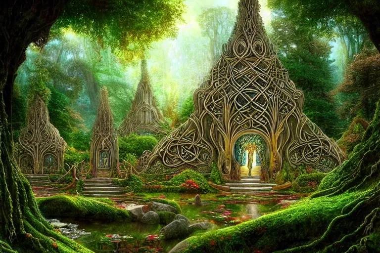 Prompt: a beautiful and highly detailed digital painting of an elven temple in a beautiful garden in a mystical forest, lothlorien, psychedelic patterns, celtic designs, intricate details, epic scale, hyperdetailed, hyperrealism,, artstation, cgsociety, 8 k, sharp focus, by caspar friedrich, albert bierstadt, james gurney, brian froud,