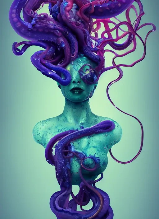Prompt: subsurface scattering, medusa made of soft wax, cgsociety, translucent, organic squid and ceramic art nouveau swirls, golden orbs, colored smoke, in the style of alberto seveso and ruan jia and beeple and giger, mystical colors, back light, rim light, dramatic lighting, 8 k, stunning scene, raytracing, octane render