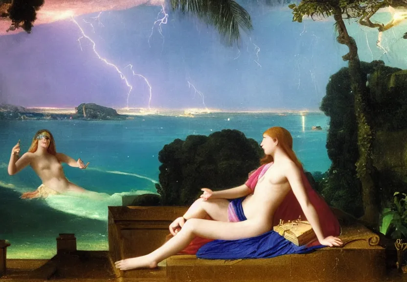 Image similar to Girl at the palace, refracted sparkles, thunderstorm, greek pool, beach and Tropical vegetation on the background major arcana sky, by paul delaroche, hyperrealistic 4k uhd, award-winning, very very very detailed