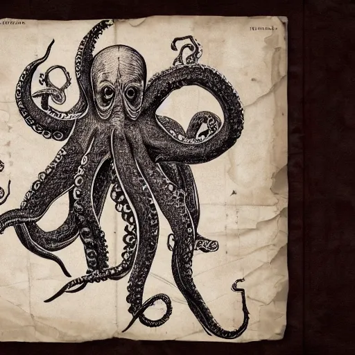 Image similar to necronomicon sketch of an ancient octopus monster, faded parchment, descriptions, aged, highly detailed, 8 k,