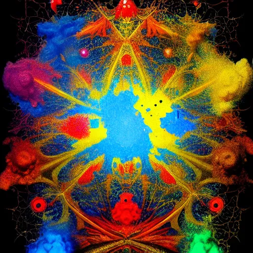 Image similar to color powder explosion on top of baroque renaissance painting, particles, fine detail, damien hirst and jackson pollock and james jean, golden ratio, fractal, sharp focus, artstation