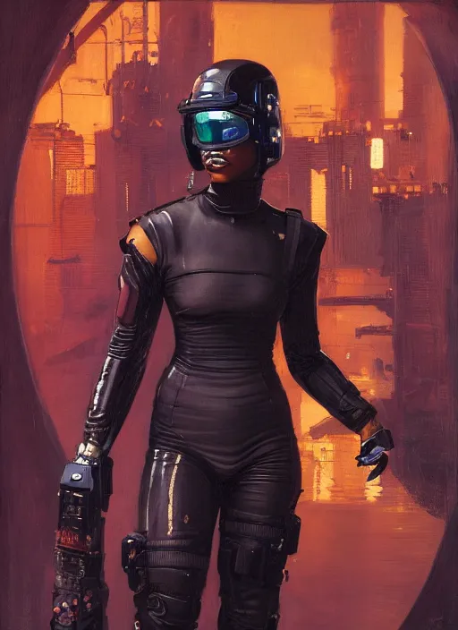 Prompt: Isabel igwe. cyberpunk mercenary wearing a futuristic helmet and combat jumpsuit. (Cyberpunk 2077, bladerunner 2049). Iranian orientalist portrait by john william waterhouse and Edwin Longsden Long and Theodore Ralli and Nasreddine Dinet, oil on canvas. Cinematic, vivid colors, hyper realism, realistic proportions, dramatic lighting, high detail 4k