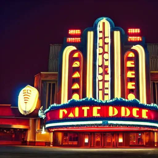 Image similar to art deco movie theater palace at night, dramatic light
