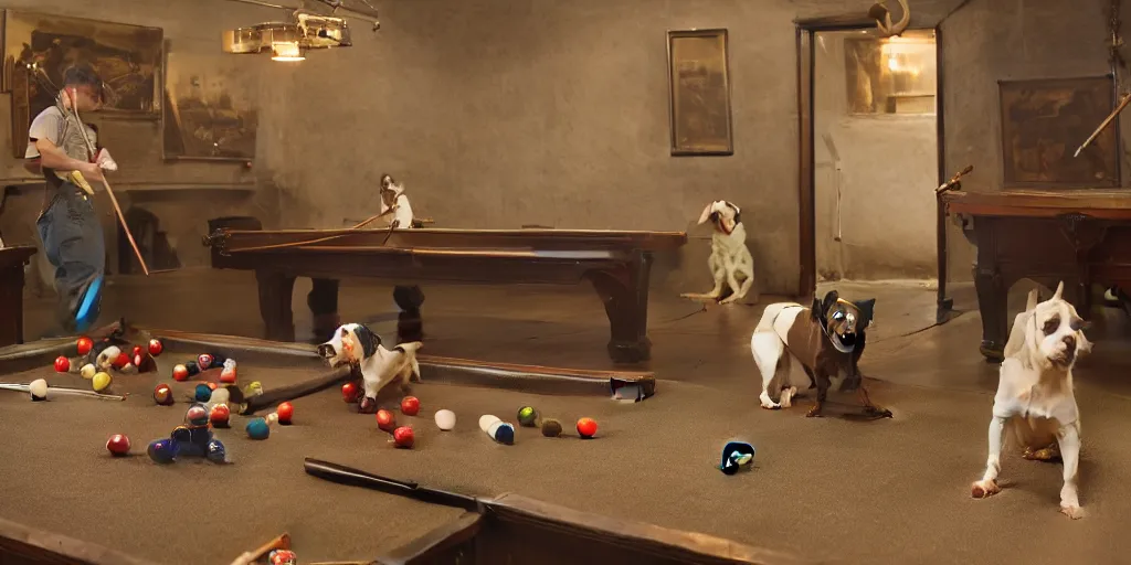 Image similar to dogs playing billiards, cinematic lighting, detailed oil painting, unreal 5 render, 8k