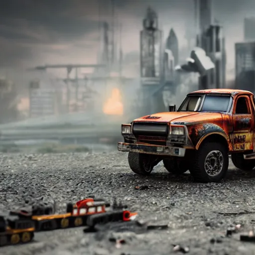 Prompt: 3 5 mm photo of steel terminator truck like hot wheels model with a post apocalyptic city as background, epic cinematic, epic lighting