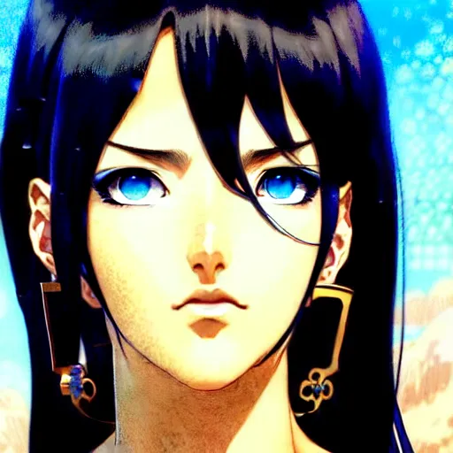 Prompt: highly detailed vfx portrait of nico robin with blue eyes and black hair by eiichiro oda!, makoto shinkai, alphonse mucha, msterpriece, art by artgerm and greg rutkowski!, large aquiline nose!!, gaston bussiere, stanley kubrick, kaoru mori, intricately detailed, behance,