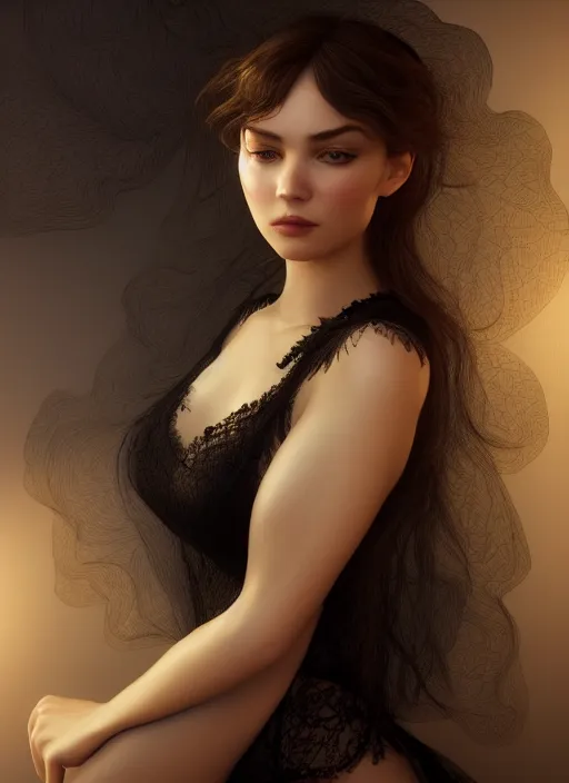 Image similar to young woman beautiful face : : black lace peignoir : : night home bed : : weta disney pixar movie still photo : : decadent highly - detailed digital painting, soft light, full length shot, golden ratio, octane render, artstation, smooth, sharp focus, artgerm, mucha, loish, wlop, gogo