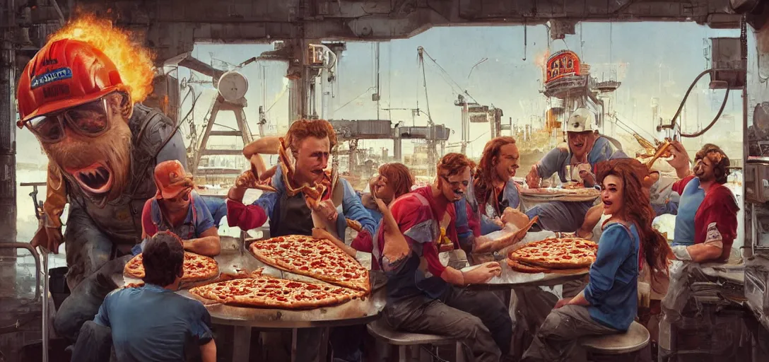 Prompt: !dream oil rig workers eating a pizza, 80s style, smiling maniacally, 8k, james gurney, greg rutkowski, john howe, artstation