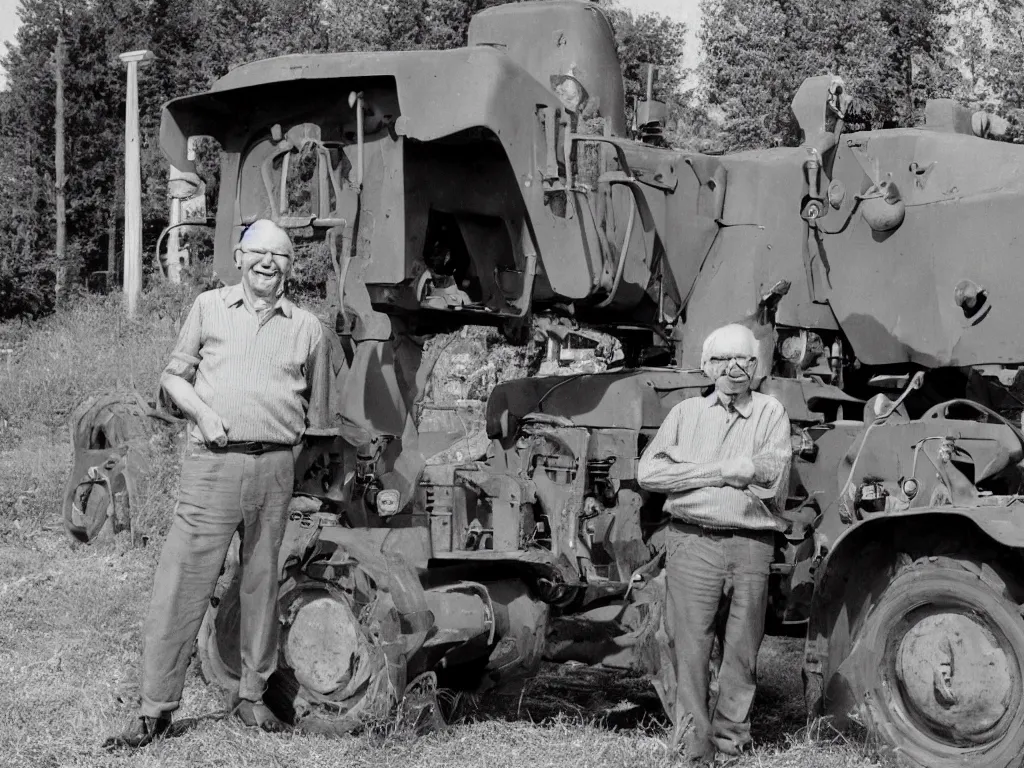 Image similar to happy finnish grandpa posing next to his new valmet - tractor smiling to the camera, 1 9 6 6, home album pocket camera photo, detailed facial features, hyper realistic