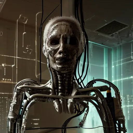 Prompt: the upper torso of a terminator cyborg lady with borg implants, human face and robotic snakes coming out of her head is hanging from cables and wires off the ceiling of a lab. Her bottom half is missing with cables hanging out. She is taking a sip from a cup of coffee. very detailed 8k. Horror cyberpunk style. Unreal engine 5 render with nanite, path tracing and cinematic post processing. Sharp.