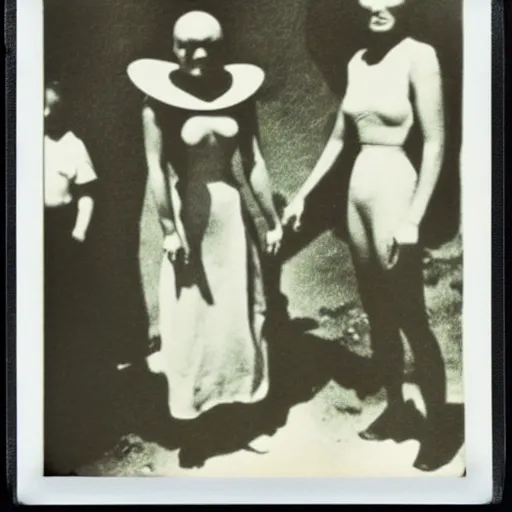 Prompt: polaroid photograph of horrorific alien beings visiting earth, 1 9 5 0