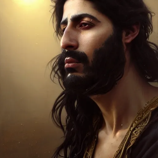 Image similar to portrait painting of a middle - eastern man with shoulder length hair and wearing a tattered black feather cloak and coat, ultra realistic, concept art, intricate details, eerie, highly detailed, photorealistic, octane render, 8 k, unreal engine. art by artgerm and greg rutkowski and charlie bowater and magali villeneuve and alphonse mucha