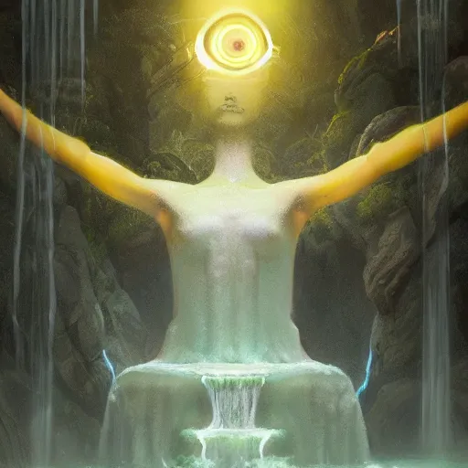 Image similar to a sage meditates under a waterfall pieces with glowing yelow eyes, as a realistic, torso, art by james jean and greg rutkowski!!, real body proportions, digital art,, golden ratio, perfect composition, trending on artstation, 8 k