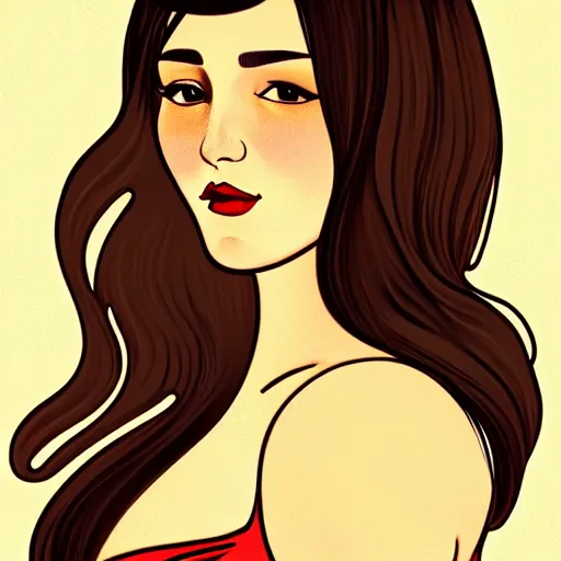 Prompt: curvy brunette woman with straight hair in a short bob, romanian heritage, brown eyes, no bangs, digital art, cartoon, 8k, illustration, art nouveau, Alphonse Mucha, trending on artstation, medium shot, head shot