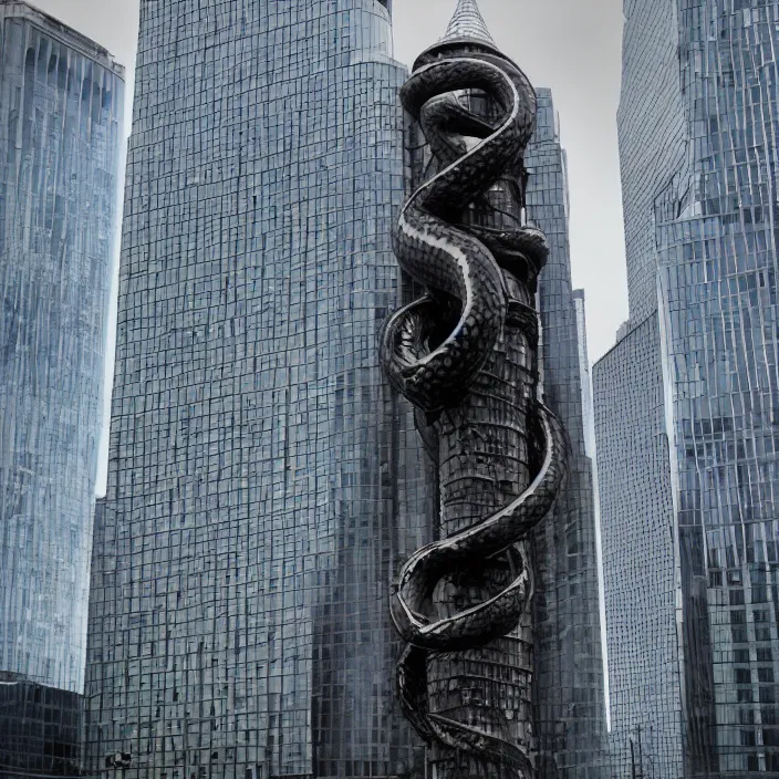 Prompt: Evil tower in the cityscape, with a giant snake coiled around it, hissing and ready to strike.