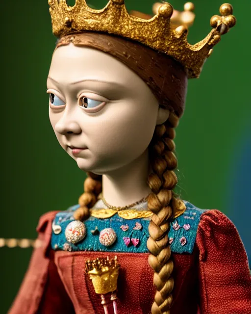 Image similar to closeup profile medieval jan van eyck face portrait of tin toy greta thunberg as a fairytale princess wearing a crown eating cakes in the castle, bikini, nicoletta ceccoli, mark ryden, lostfish, max fleischer, depth of field, detailed and intricate environment, 8 k resolution, hyperrealistic, octane render