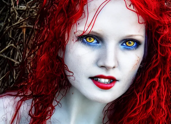 Prompt: award winning 5 5 mm close up face portrait photo of an anesthetic redhead woman with blood - red wavy hair, intricate eyes that look like stars, and fangs, in a park by luis royo