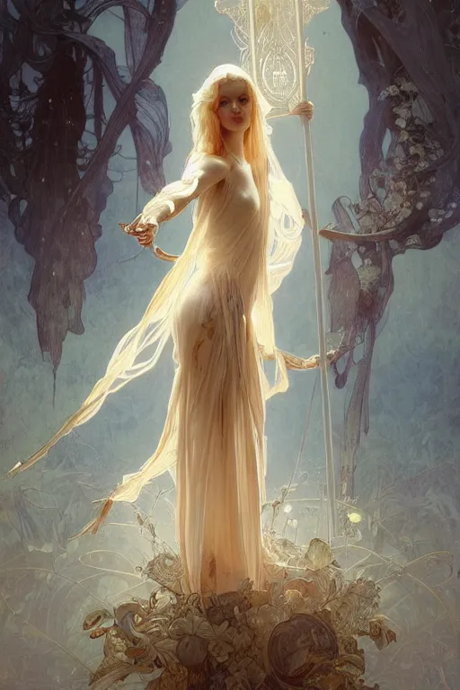 Prompt: a full body portrait of a beautiful ethereal delicate nordic mage queen meditative sacral pose catholic stages of the cross, intricate, elegant, highly detailed, digital painting, artstation, concept art, smooth, sharp focus, illustration, art by krenz cushart and artem demura and alphonse mucha