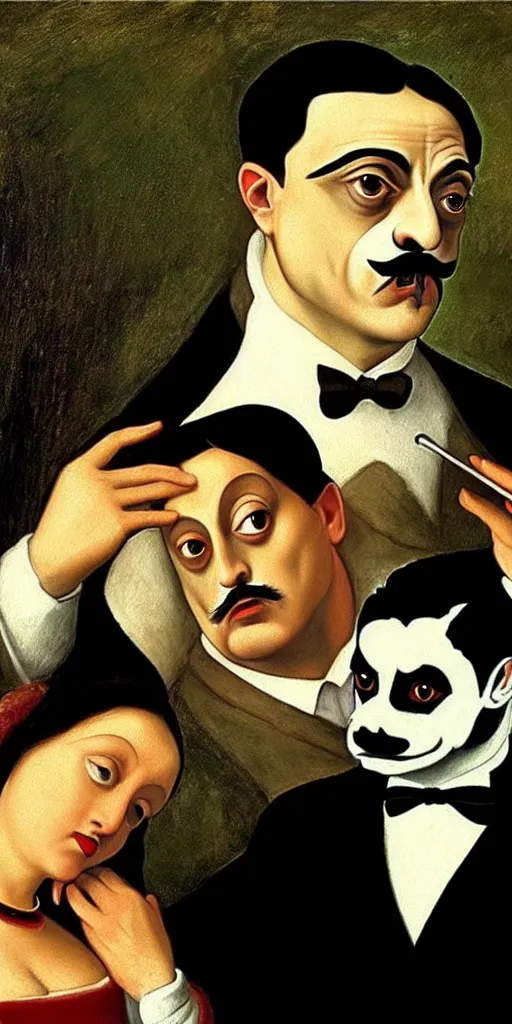 Prompt: a renaissance painting of gomez addams as pepe le pew, portrait by da vinci