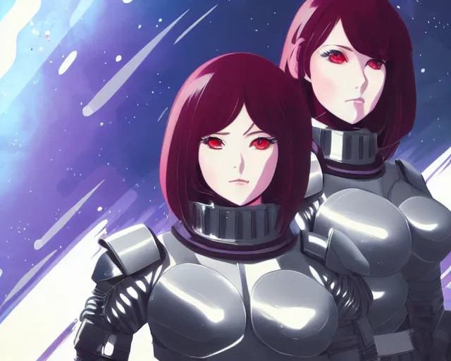 Image similar to anime visual, portrait of 2 buxom female battle sisters, wearing impractical female armour, space station hanger interior, cinematic luts, dynamic pose, dynamic perspective, strong silhouette, anime cels, ilya kuvshinov, crisp and sharp, rounded eyes, moody, cool colors, art style by kevin siembieda, palladium books