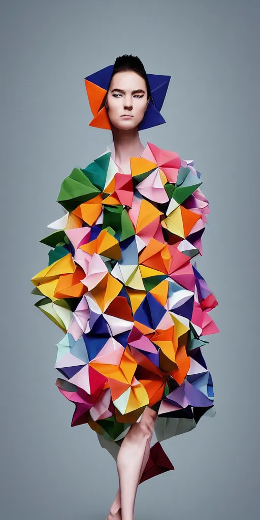 Prompt: portrait of a beautiful model wearing origami themed paper flower and geometric shapes haute couture by issey miyake