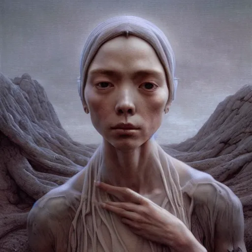 Image similar to Woman masterpiece by Edgar Maxence and Ross Tran, Zdzisław Beksiński, and Michael Whelan, distant, gustav dore, H.R. Giger, 8k, octane render