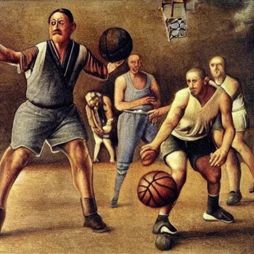 Image similar to hitler playing basketball, realistic, detailed, colored by da vinci