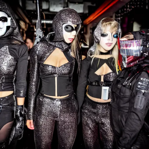 Prompt: photograph of a provocative techwear female group near the bar of a packed busy rundown nightclub, lots of people, variety of sharp sparkly creepy masks, harnesses and garters, retrofuturism, brutalism, cyberpunk, sigma 85mm f/1.4, 15mm, 35mm, tilted frame, long exposure, 4k, high resolution, 4k, 8k, hd, wide angle lens, highly detailed, full color, harsh light and shadow, intoxicatingly blurry