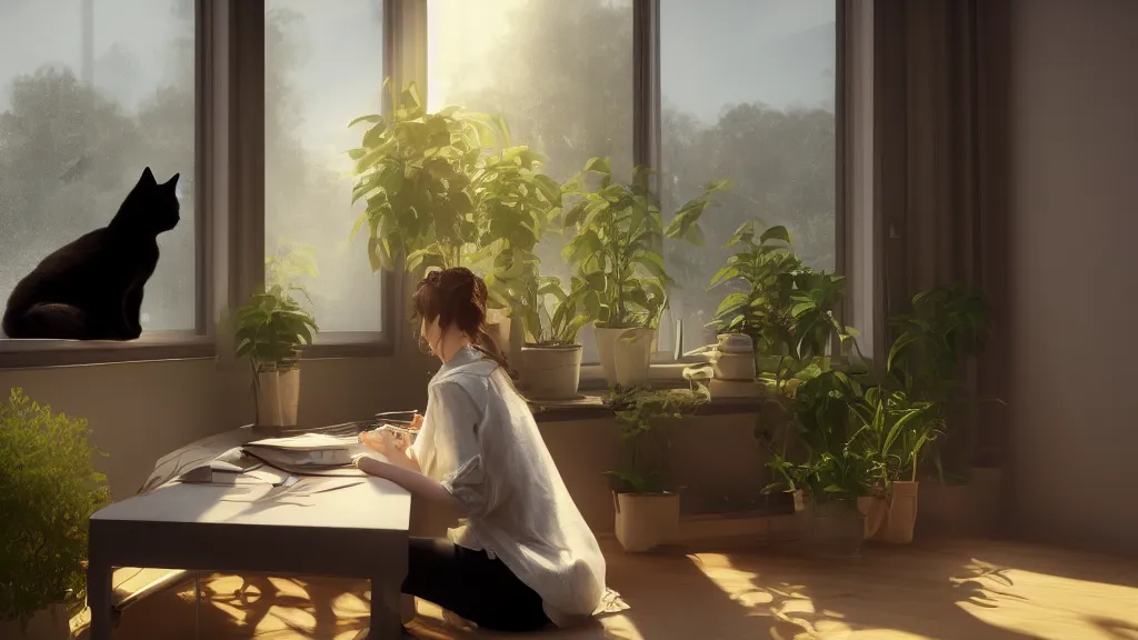 Prompt: peaceful dreamy painting of a beautiful young woman sitting at a desk with a black cat, sunshine coming through the window, small plants on the window sill, 8k, hyper realism, trending on artstation, octane render, dynamic lighting