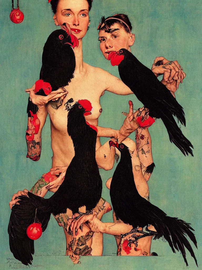 Image similar to a Portrait of a beautiful Black Chicken with a glorious red comb tattoo by Norman Rockwell