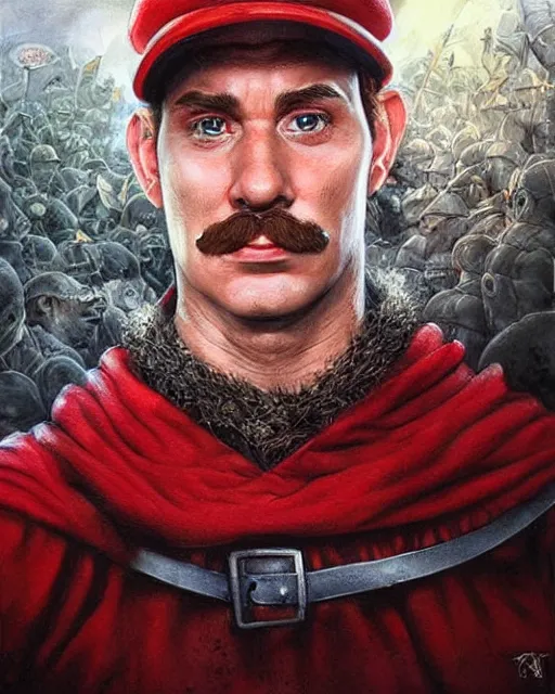 Image similar to portrait of super mario in lord of the rings, red cap, beautiful, very detailed, hyperrealistic, medium shot, very detailed painting by Glenn Fabry, by Joao Ruas