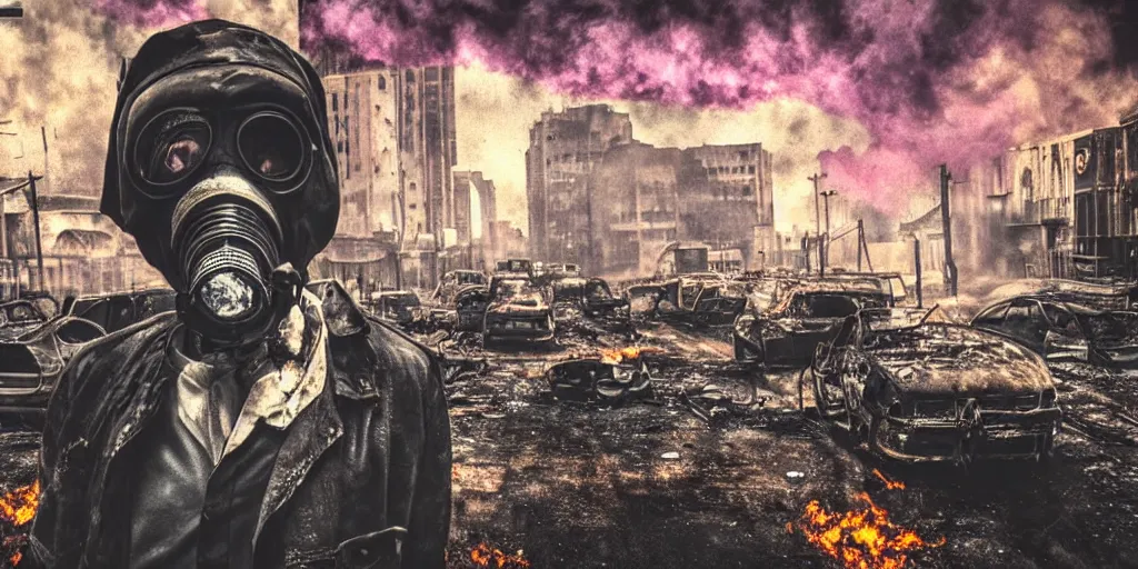 Image similar to post - apocalyptic city streets, close - up shot of an anarchist with a gasmask, burned cars, explosions, colorful smoke, hyperrealistic, gritty, damaged, dark, urban photography, photorealistic, high details
