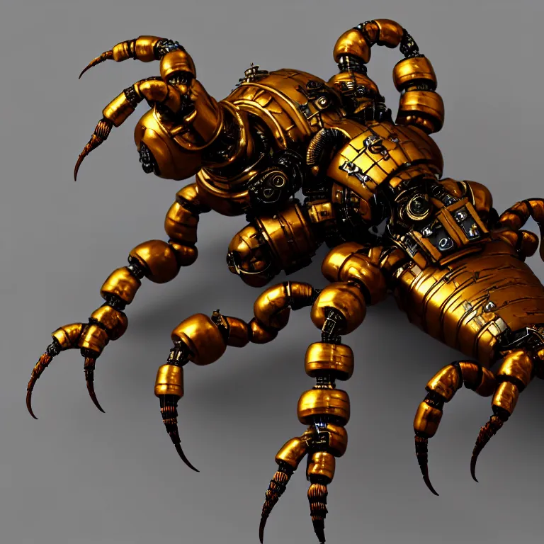 Prompt: steampunk robot scorpion, 3 d model, unreal engine realistic render, 8 k, micro detail, intricate, elegant, highly detailed, centered, digital painting, artstation, sharp focus