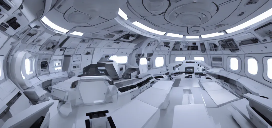 Image similar to flight deck inside a sci-fi spaceship escape pod that is a mind temple for meditation and discovery of secret knowledge. clean white interior, hyperrealism 8k