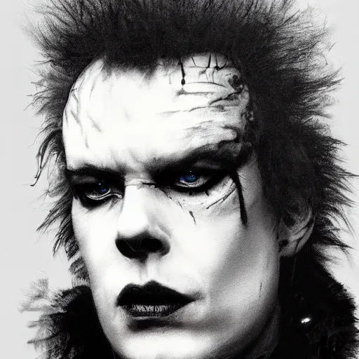 Image similar to stunning portrait of gaunt sid vicious a ( the cure fan ) as dream from sandman, dim stars as eyes, by jeremy mann, by cedric peyravernay, by by russ mills, by richard avedon and ben templesmith, dramatic lightning, sadness, dark eye sockets, in the shadows, punk rock, gothic, high detailed, 8 k