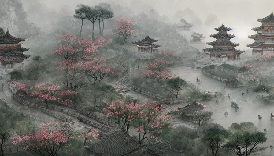 Image similar to magnificent city in ancient china in late spring, flowers will fade, some fog, realistic style, high details, scene concept., trending on artstation