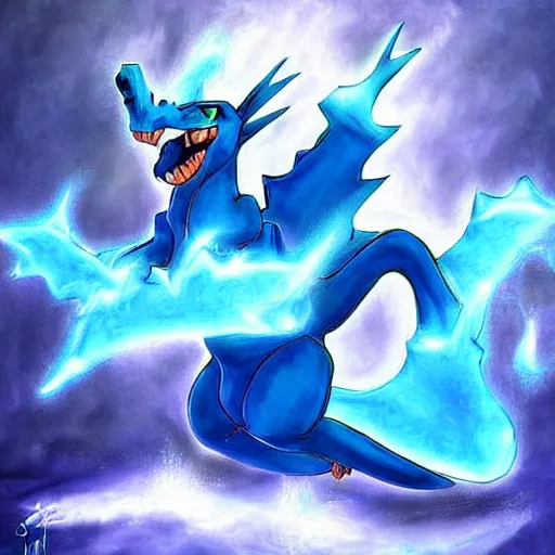 Prompt: a blue charizard ~ painting ~ water powers ~ digital art ~ amazing ~ trending ~