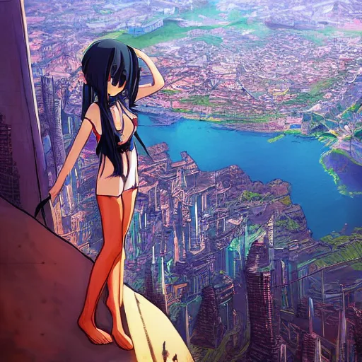 Image similar to anime neko - girl looking from the edge of the cliff on the giant city below, midnight, trending on artstation, highly detailed, satoshi kon artstyle