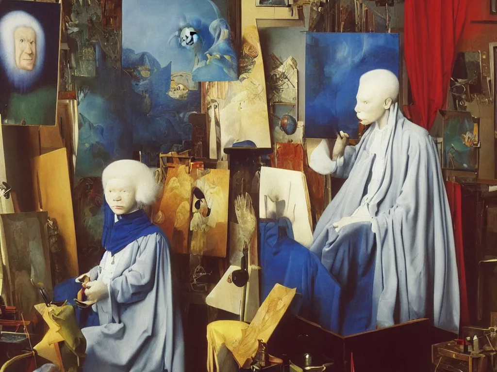 Prompt: Portrait of albino mystic with blue eyes, painting on a canvas in his studio. Painting by Jan van Eyck, Audubon, Rene Magritte, Agnes Pelton, Max Ernst, Walton Ford